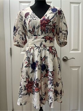 Idano Pharell Floral Midi Dress Puff Sleeve Belted Linen Blend Size Small EUC